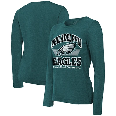 Women's Majestic Threads  Midnight Green Philadelphia Eagles Super Bowl LIX Champions Coffin Corner Boyfriend Long Sleeve Tri-Blend T-Shirt