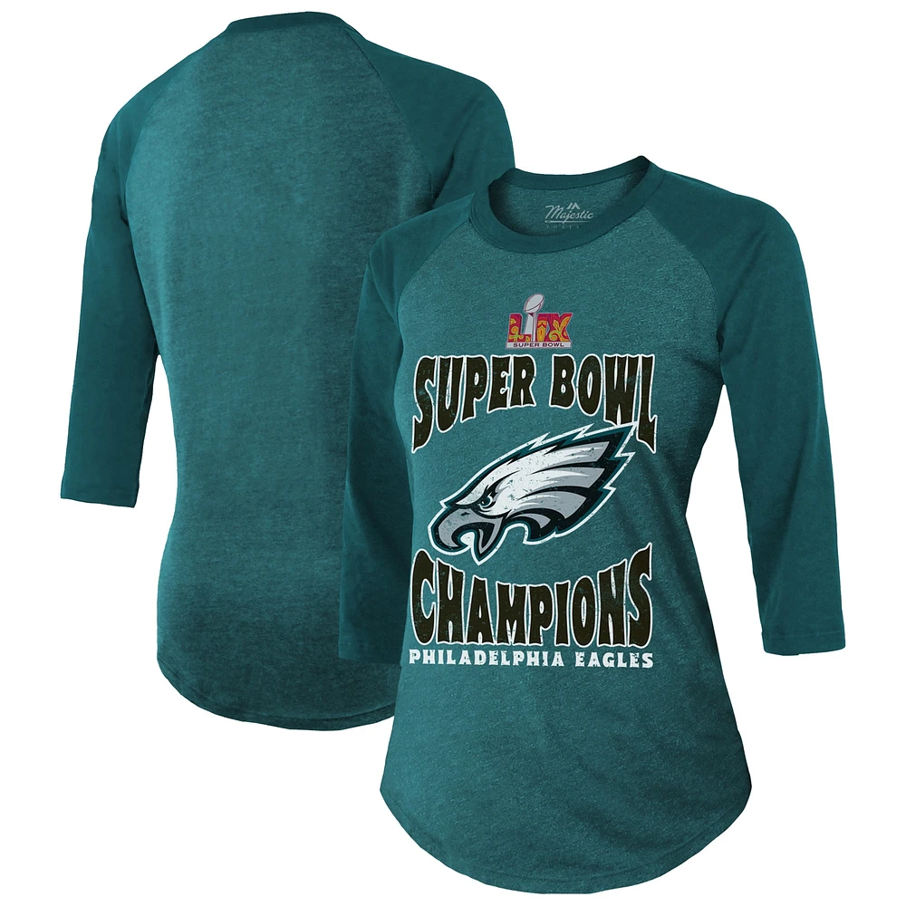 T-shirt à manches 3/4 raglan en mélange de trois couleurs pour femme Majestic Threads Midnight Green Philadelphia Eagles Super Bowl LIX Champions Foe