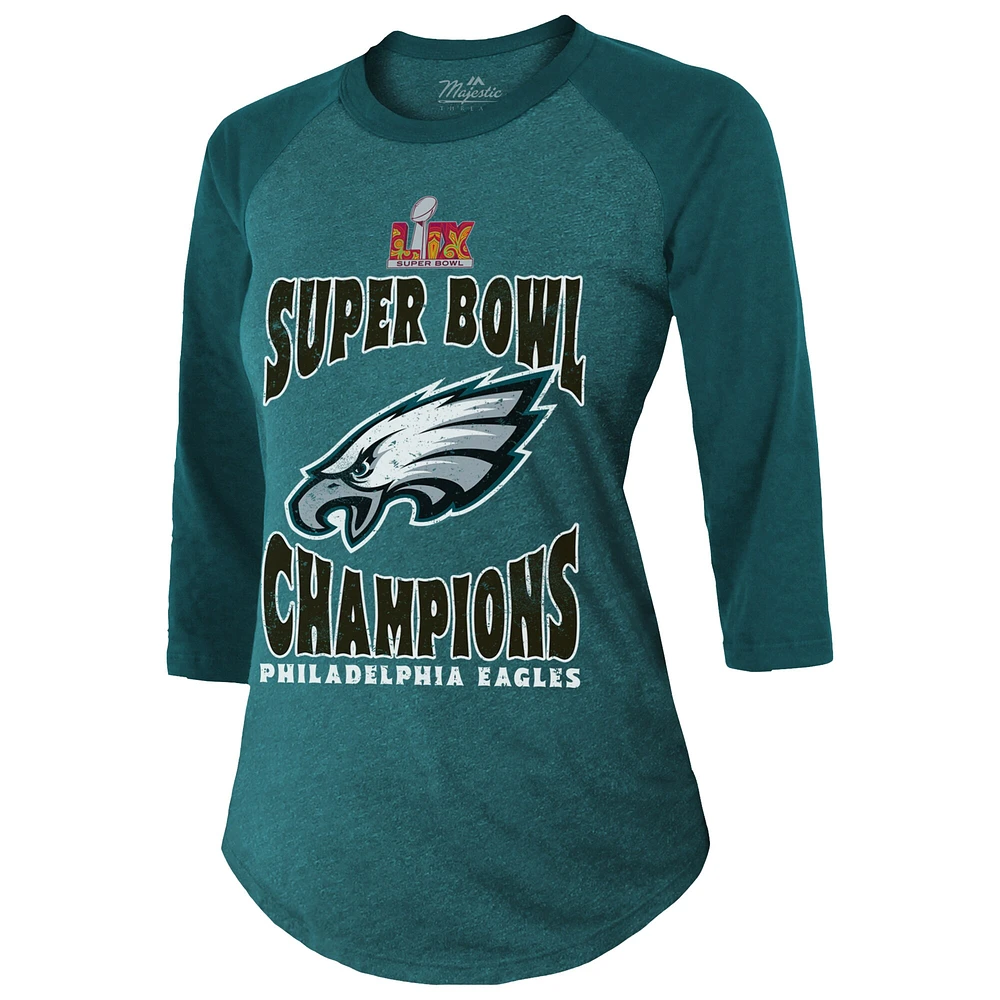 T-shirt à manches 3/4 raglan en mélange de trois couleurs pour femme Majestic Threads Midnight Green Philadelphia Eagles Super Bowl LIX Champions Foe
