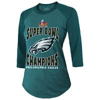 T-shirt à manches 3/4 raglan en mélange de trois couleurs pour femme Majestic Threads Midnight Green Philadelphia Eagles Super Bowl LIX Champions Foe