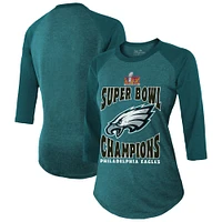 T-shirt à manches 3/4 raglan en mélange de trois couleurs pour femme Majestic Threads Midnight Green Philadelphia Eagles Super Bowl LIX Champions Foe