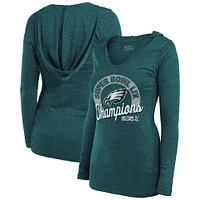 Women's Majestic Threads  Midnight Green Philadelphia Eagles Super Bowl LIX Champions Hail Mary Tri-Blend V-Neck Long Sleeve Hoodie T-Shirt