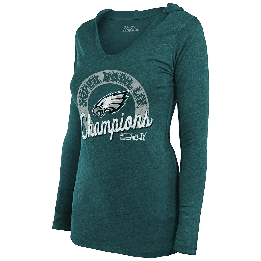 Women's Majestic Threads  Midnight Green Philadelphia Eagles Super Bowl LIX Champions Hail Mary Tri-Blend V-Neck Long Sleeve Hoodie T-Shirt
