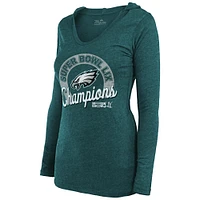 Women's Majestic Threads  Midnight Green Philadelphia Eagles Super Bowl LIX Champions Hail Mary Tri-Blend V-Neck Long Sleeve Hoodie T-Shirt