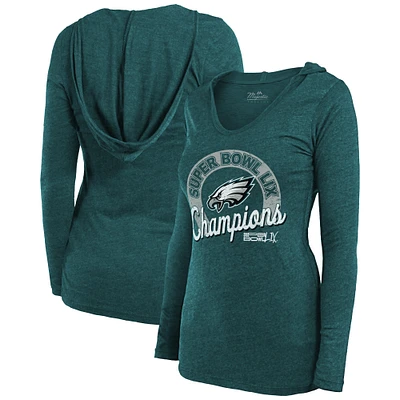 Women's Majestic Threads  Midnight Green Philadelphia Eagles Super Bowl LIX Champions Hail Mary Tri-Blend V-Neck Long Sleeve Hoodie T-Shirt