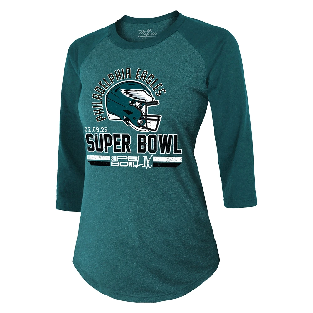 Women's Majestic Threads Midnight Green Philadelphia Eagles Super Bowl LIX Hard Count Tri-Blend Raglan 3/4-Sleeve T-Shirt