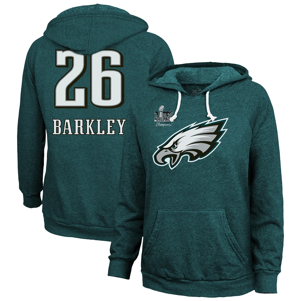 Women's Majestic Threads Saquon Barkley Midnight Green Philadelphia Eagles Super Bowl LIX Champions Name & Number Tri-Blend Pullover Hoodie