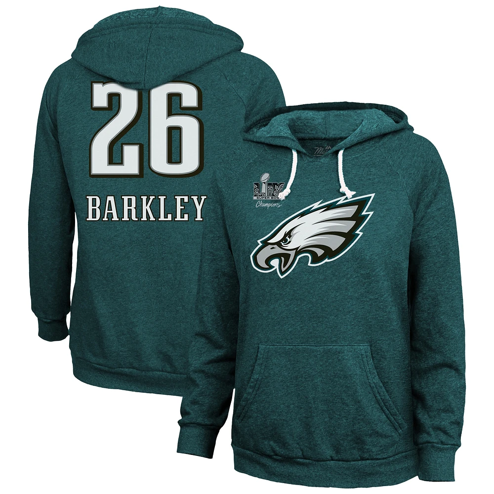 Women's Majestic Threads Saquon Barkley Midnight Green Philadelphia Eagles Super Bowl LIX Champions Name & Number Tri-Blend Pullover Hoodie