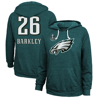 Women's Majestic Threads Saquon Barkley Midnight Green Philadelphia Eagles Super Bowl LIX Champions Name & Number Tri-Blend Pullover Hoodie