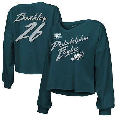 Women's Majestic Threads Saquon Barkley Midnight Green Philadelphia Eagles Super Bowl LIX Name & Number Off-Shoulder Script Long Sleeve V-Neck T-Shirt