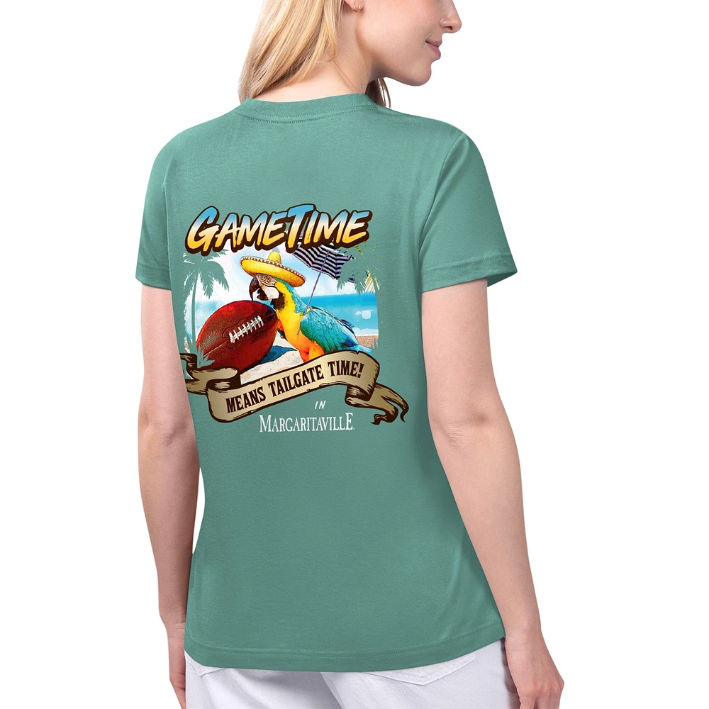 T-shirt à col en V pour femmes Margaritaville Green Philadelphia Eagles Game Time