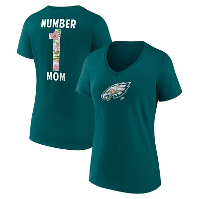 T-shirt à col en V fleuri vert nuit pour femme, motif numéro 1 des Philadelphia Eagles