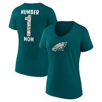 T-shirt à col en V fleuri vert nuit pour femme, motif numéro 1 des Philadelphia Eagles