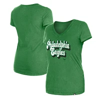 T-shirt vert à col en V et lavage enzymatique New Era pour femmes des Eagles de Philadelphie