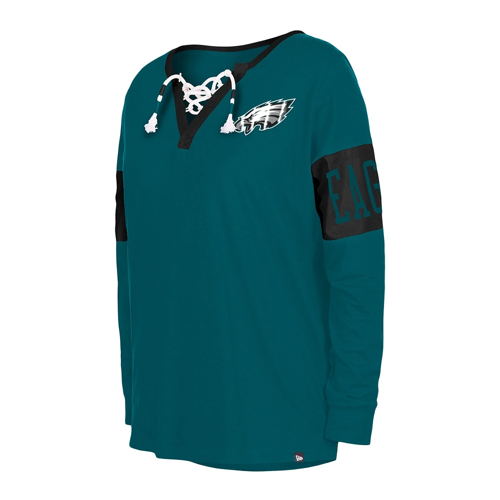 T-shirt à manches longues et col cranté des Eagles de Philadelphie New Era vert pour femme