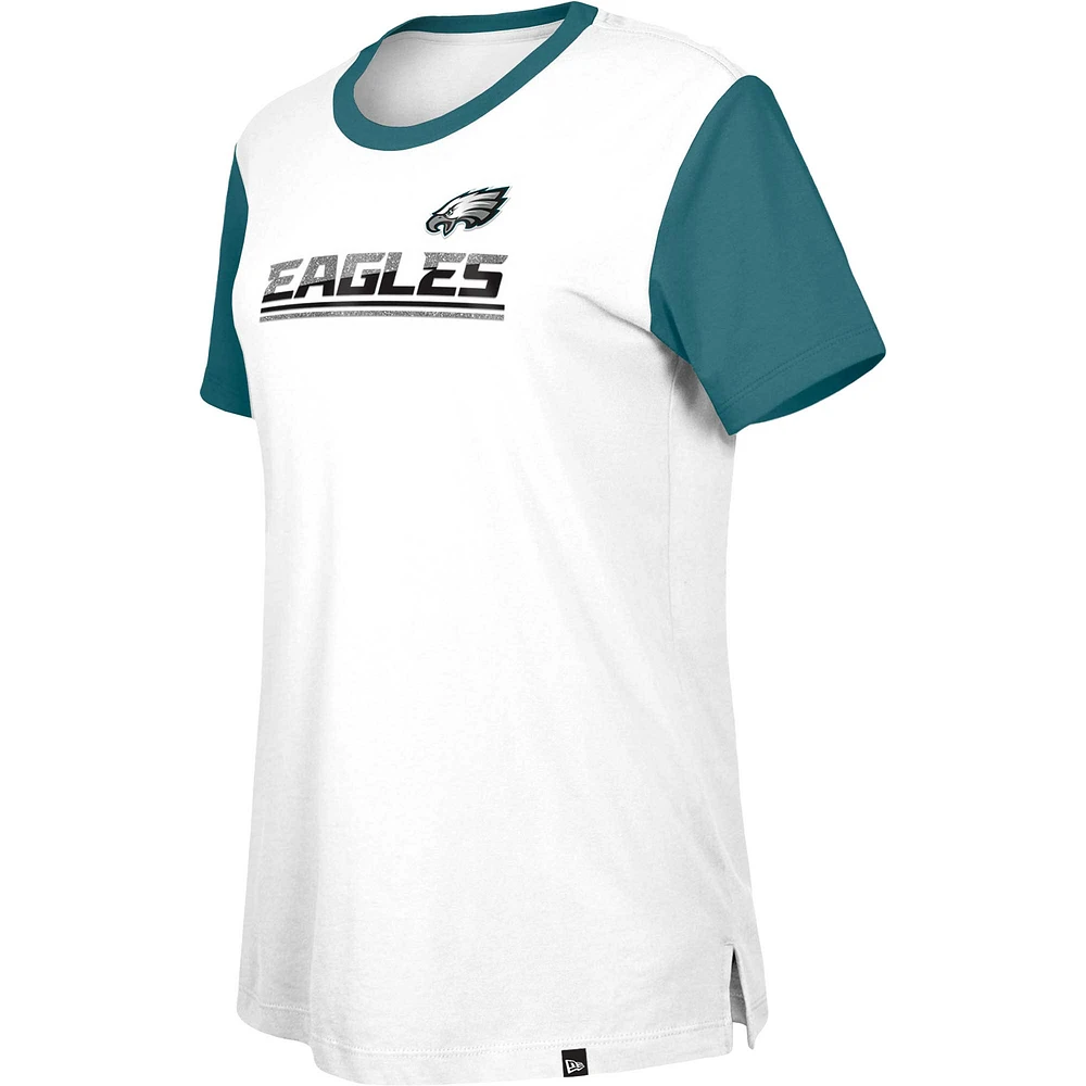 T-shirt à couleurs contrastées Third Down des Eagles de Philadelphie New Era pour femme, blanc/vert minuit