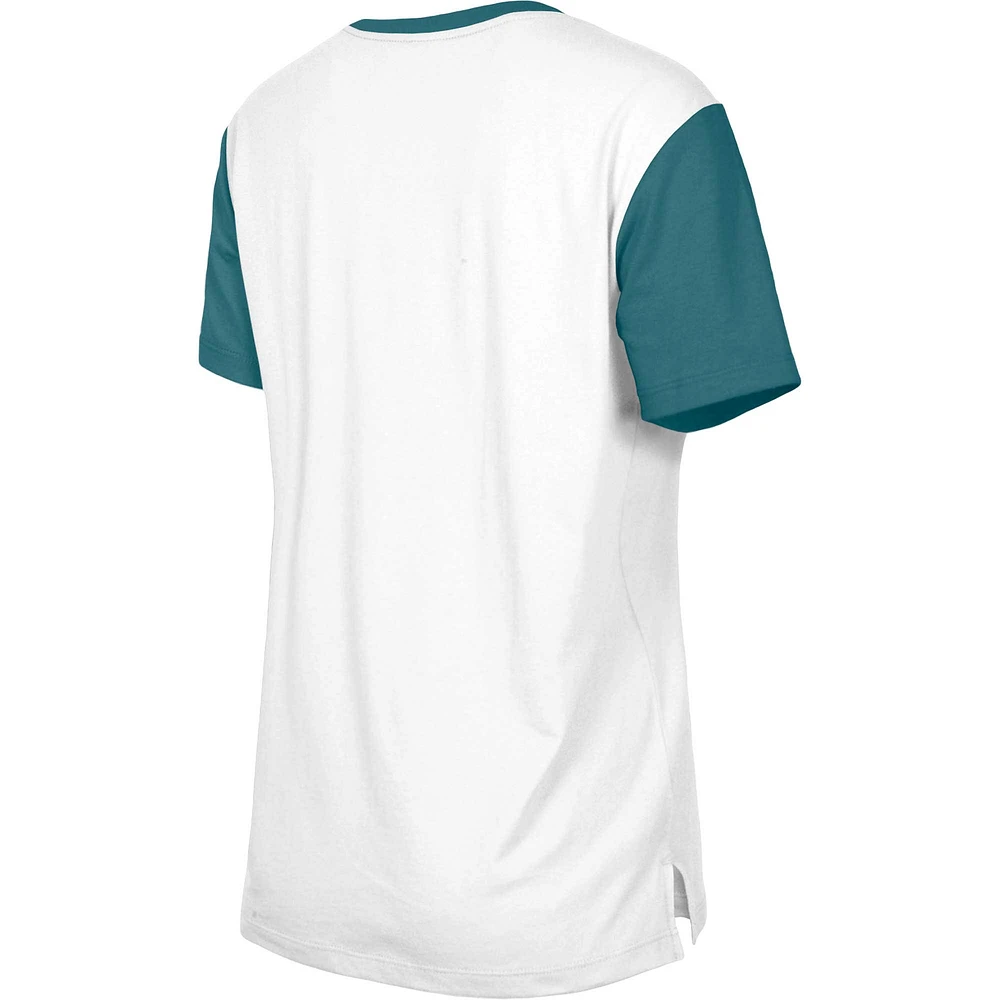 T-shirt à couleurs contrastées Third Down des Eagles de Philadelphie New Era pour femme, blanc/vert minuit