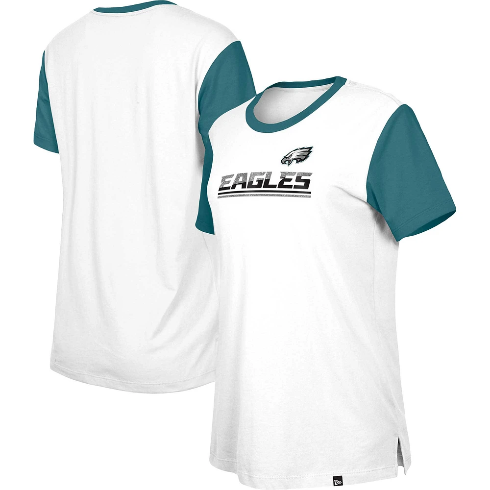 T-shirt à couleurs contrastées Third Down des Eagles de Philadelphie New Era pour femme, blanc/vert minuit