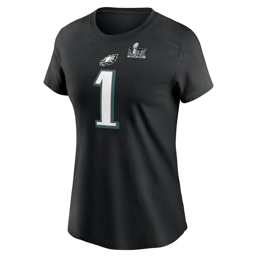 Women's Nike Jalen Hurts Black Philadelphia Eagles Super Bowl LIX Name & Number T-Shirt