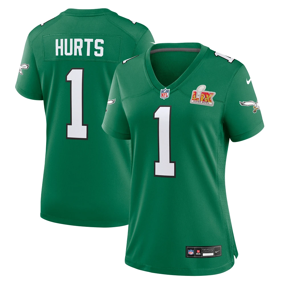 Maillot Nike Jalen Hurts Kelly Green pour femme Philadelphia Eagles Super Bowl LIX 2nd Alternate Game