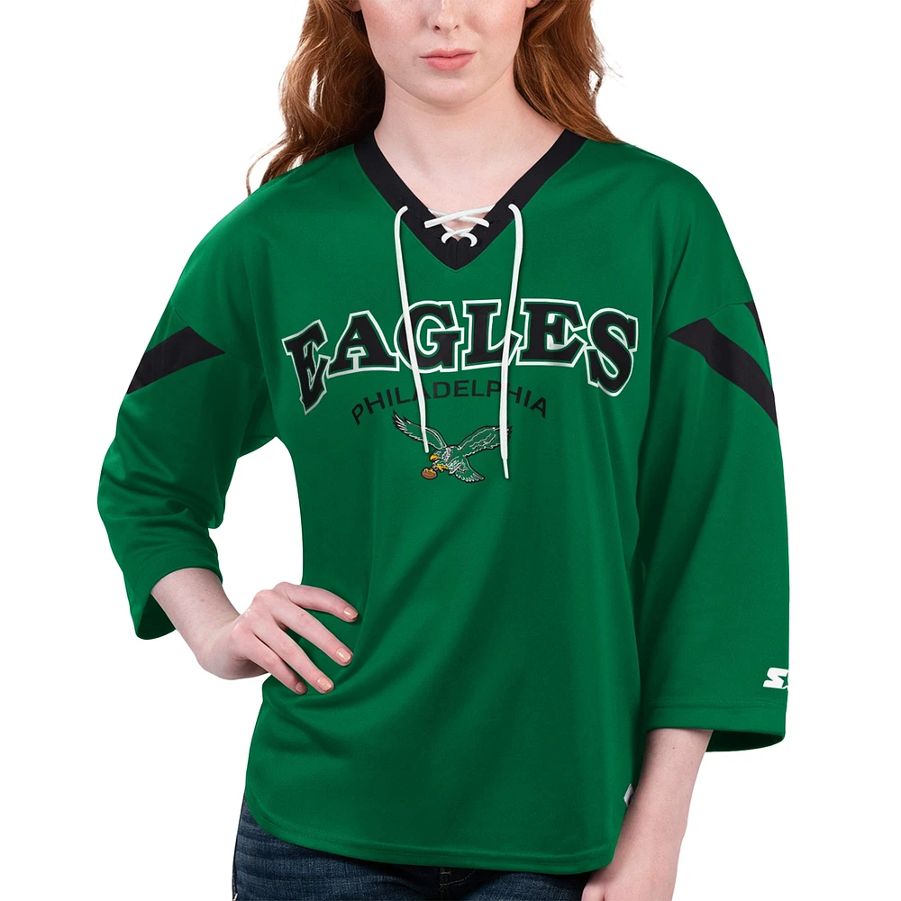 Women's Starter Green Philadelphia Eagles Rally Lace-Up 3/4 Sleeve T-Shirt