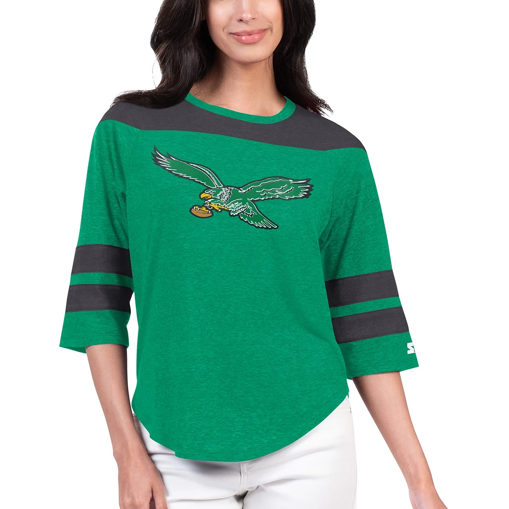 T-shirt à manches 3/4 pour femmes Starter Kelly Green Philadelphia Eagles Fullback Tri-Blend