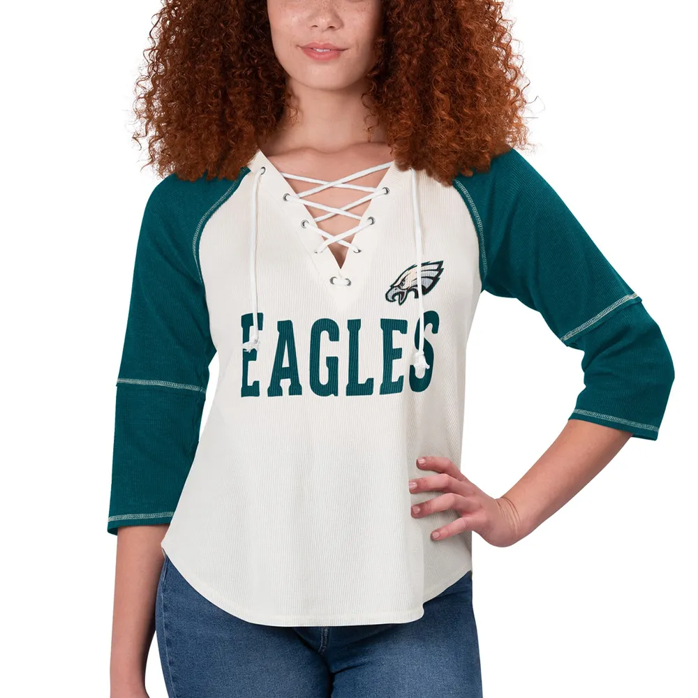 Lids Philadelphia Eagles Touch Women's Rebel Raglan Three-Quarter Sleeve  Lace-Up V-Neck T-Shirt - White/Midnight Green