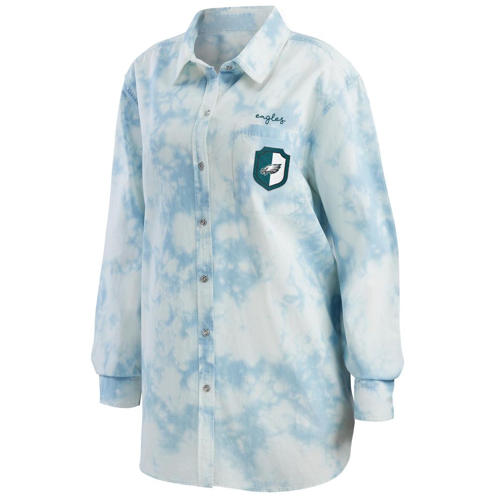 WEAR by Erin Andrews Women's WEAR by Erin Andrews Denim Philadelphia Eagles  Chambray Acid-Washed Long Sleeve Button-Up Shirt