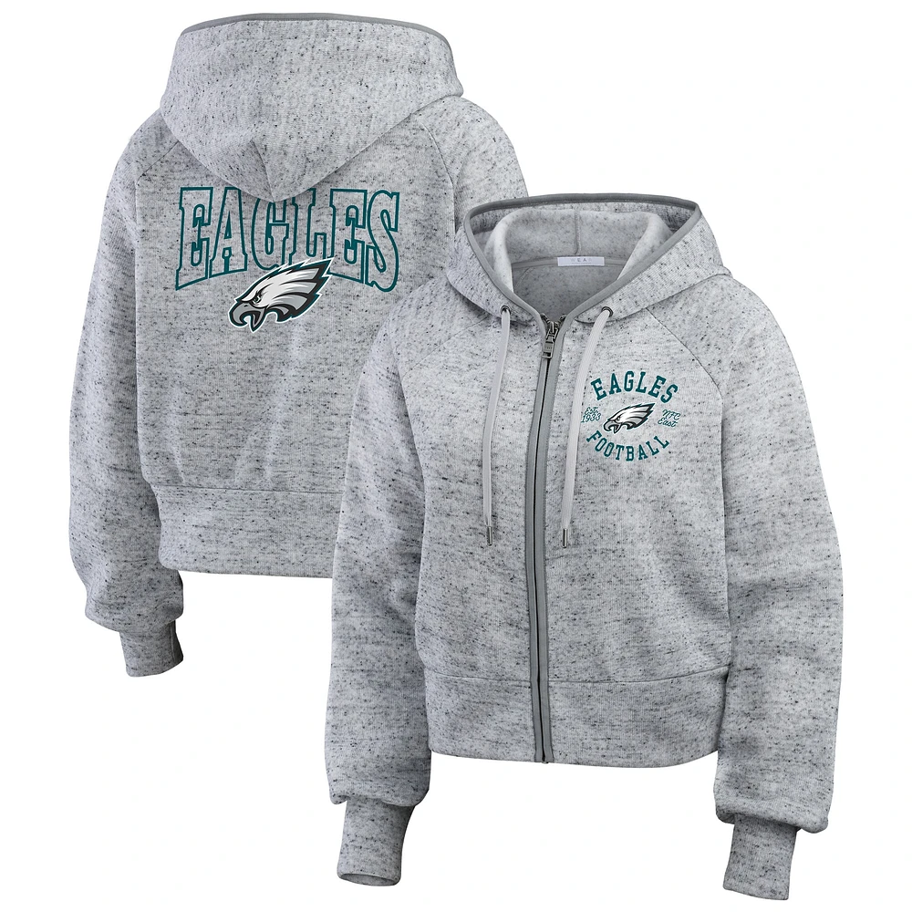 Sweat à capuche court en polaire moucheté gris chiné avec fermeture éclair complète pour femme WEAR by Erin Andrews des Philadelphia Eagles