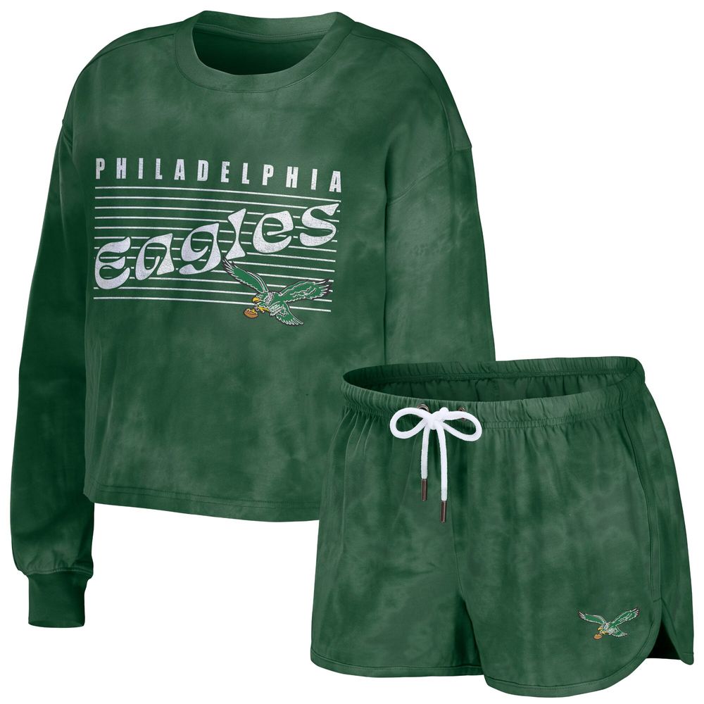 WEAR by Erin Andrews Women's WEAR by Erin Andrews Kelly Green Philadelphia  Eagles Tie-Dye Cropped Pullover Sweatshirt & Shorts Lounge Set