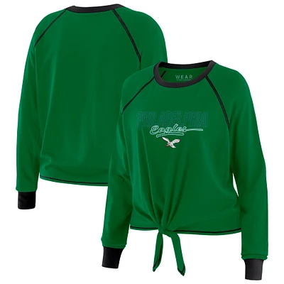 Women's WEAR by Erin Andrews Kelly Green Philadelphia Eagles Tie-Front Long Sleeve T-Shirt