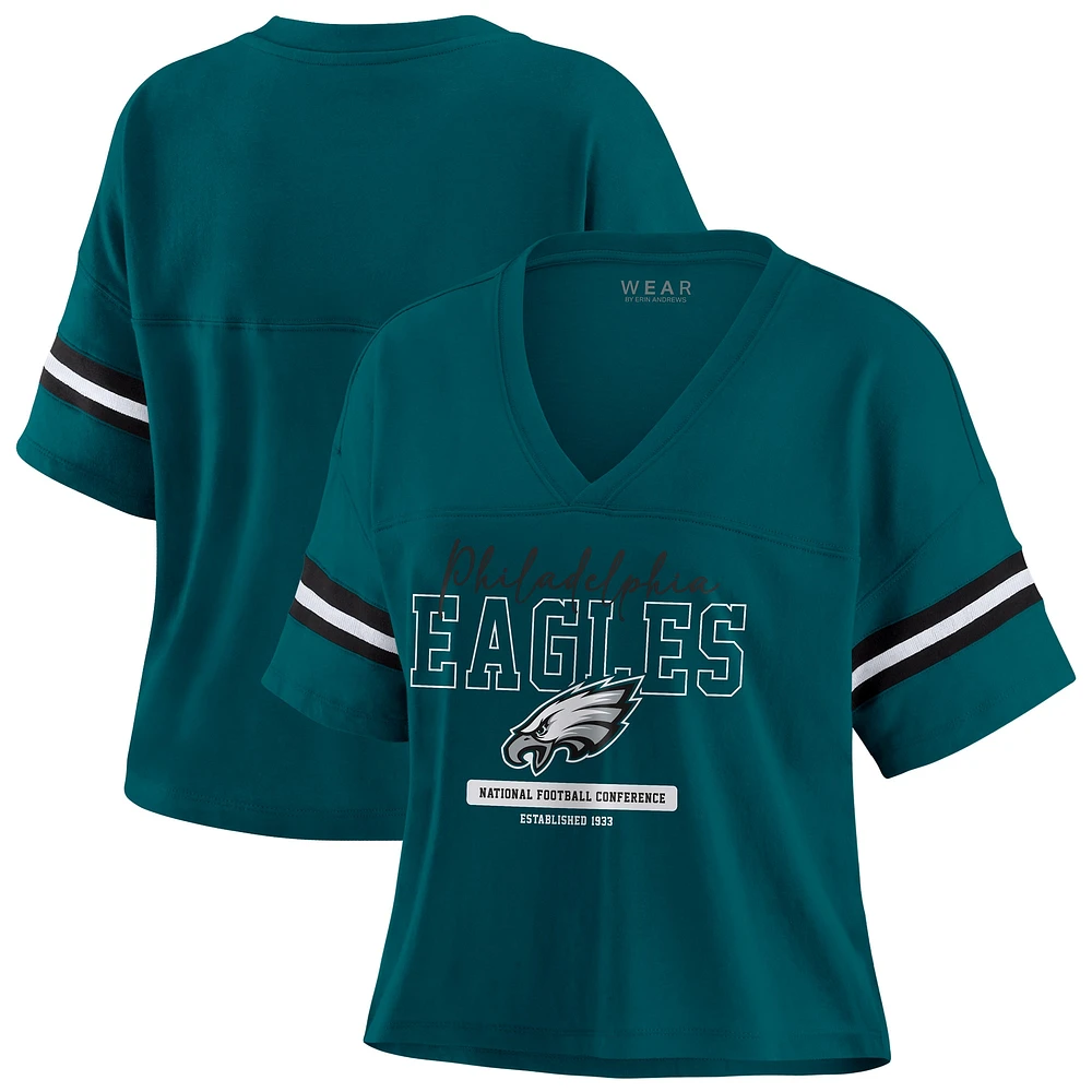 T-shirt court à col en V et blocs de couleurs vert nuit pour femme WEAR by Erin Andrews des Philadelphia Eagles