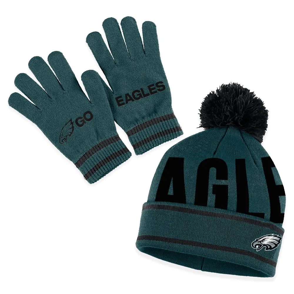 WEAR by Erin Andrews Women's WEAR by Erin Andrews Midnight Green Philadelphia  Eagles Double Jacquard Cuffed Knit Hat with Pom and Gloves Set