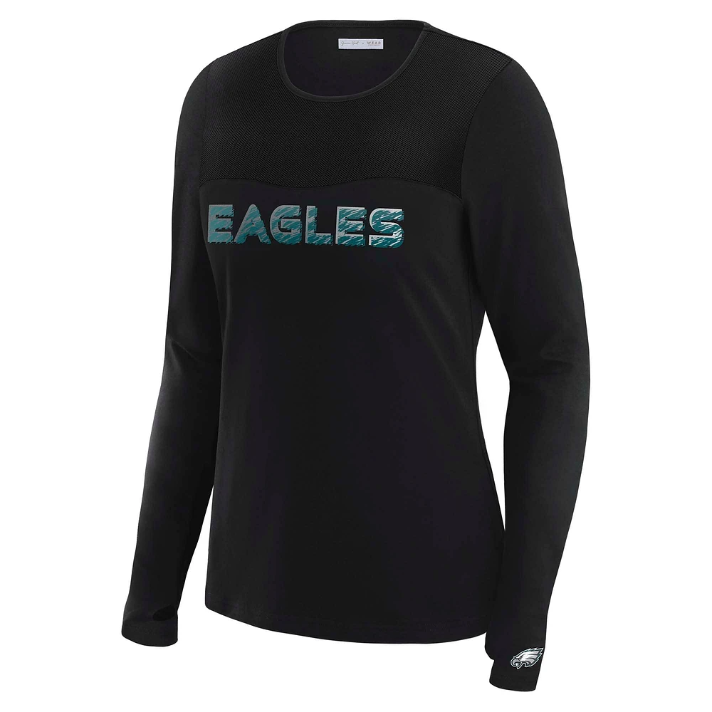 T-shirt à manches longues et empiècement en maille noire Philadelphia Eagles WEAR by Erin Andrews x Gracie Hunt pour femme