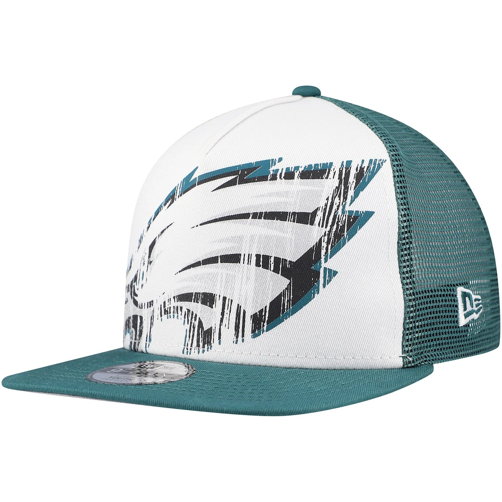 Youth New Era White/Midnight Green Philadelphia Eagles Distressed 9FIFTY A-Frame Snapback Hat