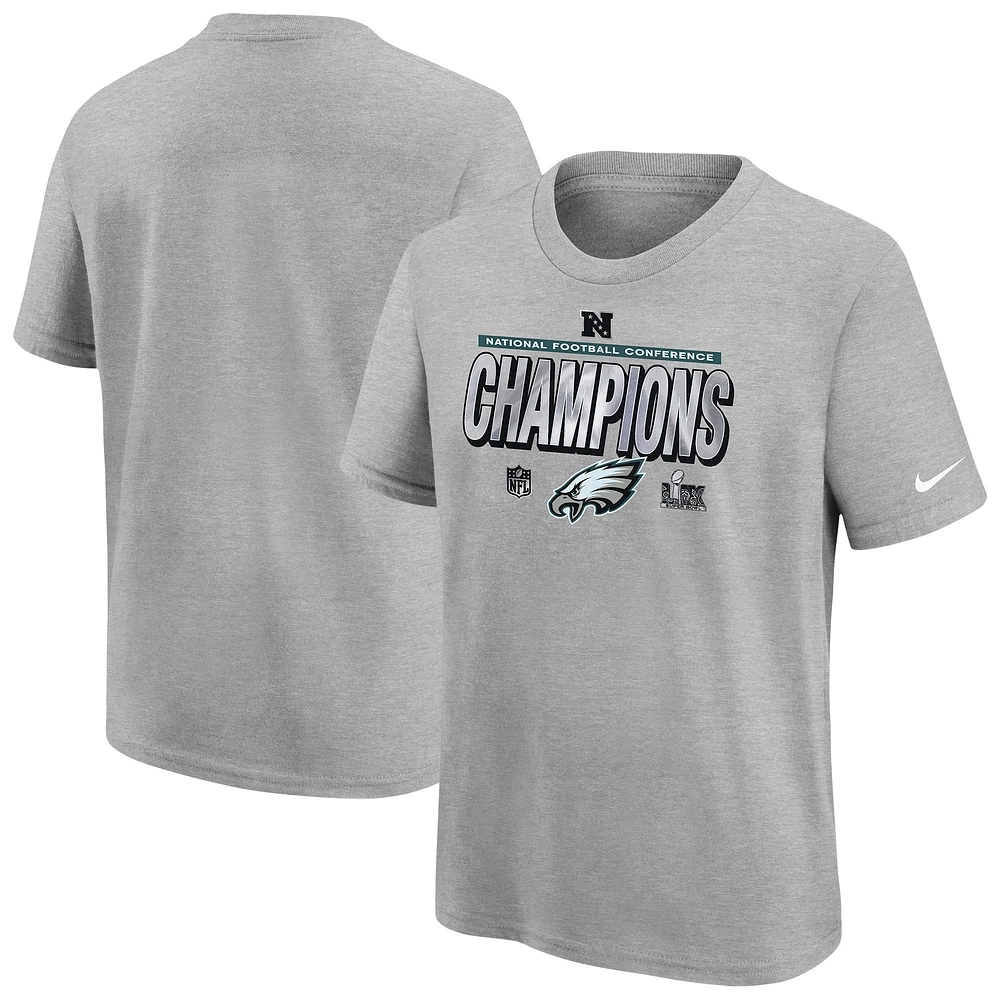 Youth Nike Heather Gray Philadelphia Eagles 2024 NFC Champions Locker Room Trophy Collection T-Shirt