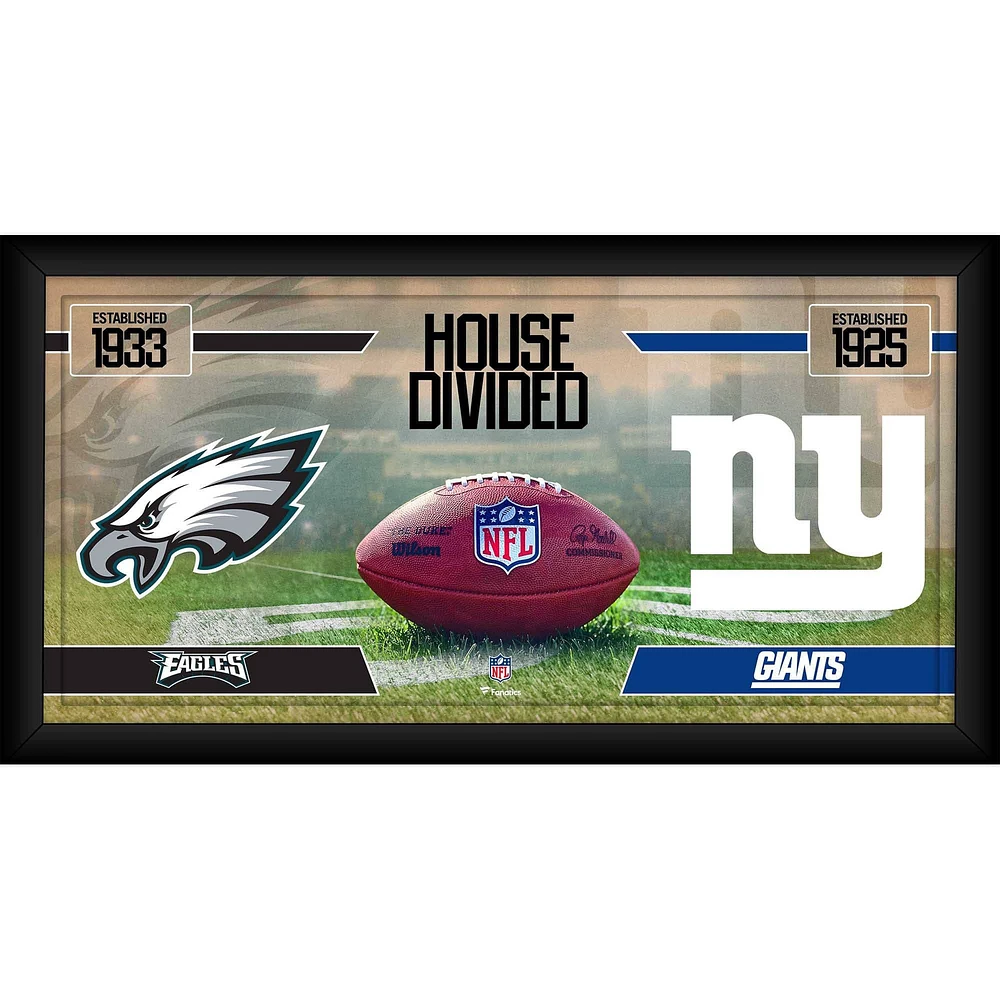 Collage de football divisé en maison encadrée 10" x 20" des Eagles de Philadelphie contre les Giants de New York