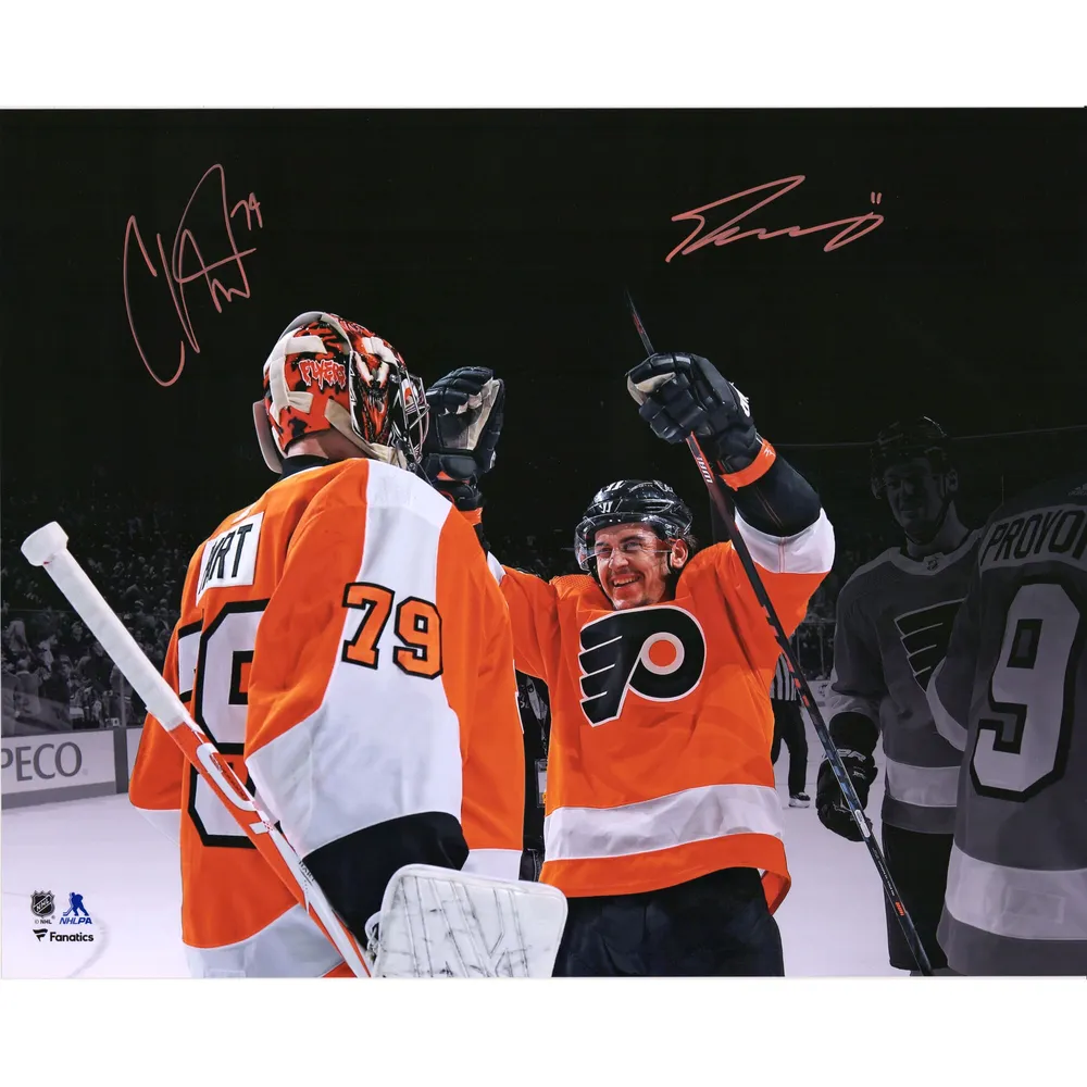 Carter Hart Philadelphia Flyers Fanatics Authentic Unsigned White Jersey in Net Photograph