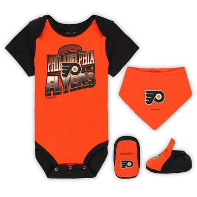 Ensemble de 3 bodys, bavoirs et chaussons Mitchell & Ness pour bébé, orange/noir, Big Score des Flyers Philadelphie