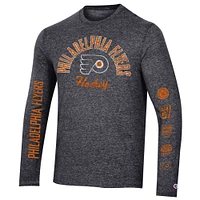 T-shirt à manches longues trois mélanges multi-logos Champion Heather Black des Flyers de Philadelphie pour hommes