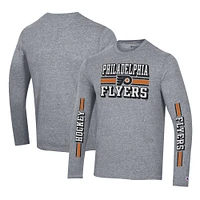 T-shirt à manches longues trois mélanges double bande Champion Heather Grey des Flyers de Philadelphie pour hommes