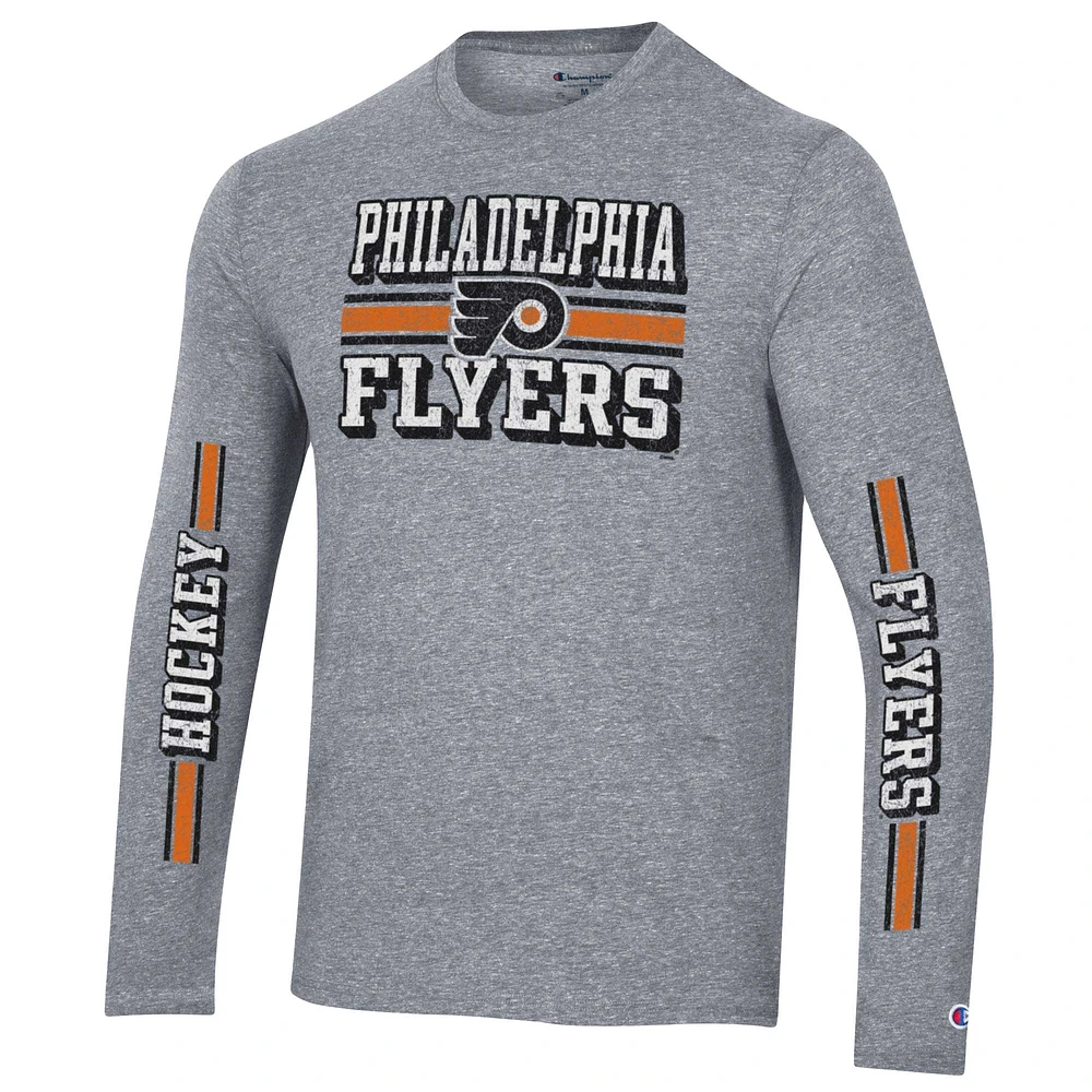 Men's Champion Heather Gray Philadelphia Flyers Tri-Blend Dual-Stripe Long Sleeve T-Shirt