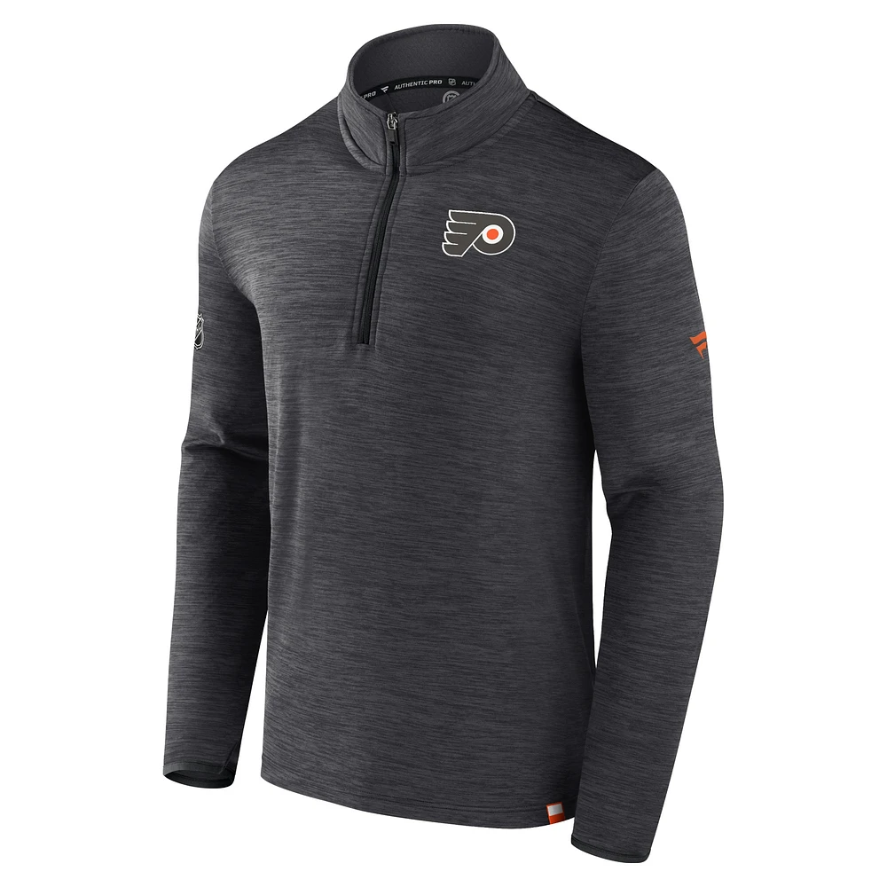 Men's Fanatics  Heather Charcoal Philadelphia Flyers Authentic Pro Quarter-Zip Pullover Top