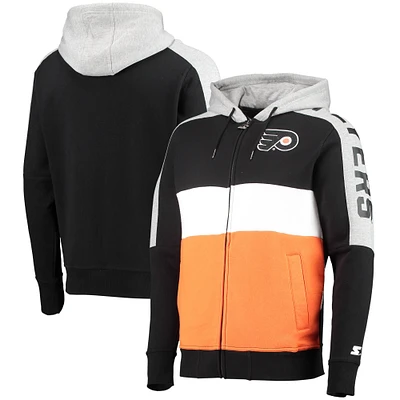 Men's Starter Black/Orange Philadelphia Flyers Playoffs Color Block Full-Zip Hoodie