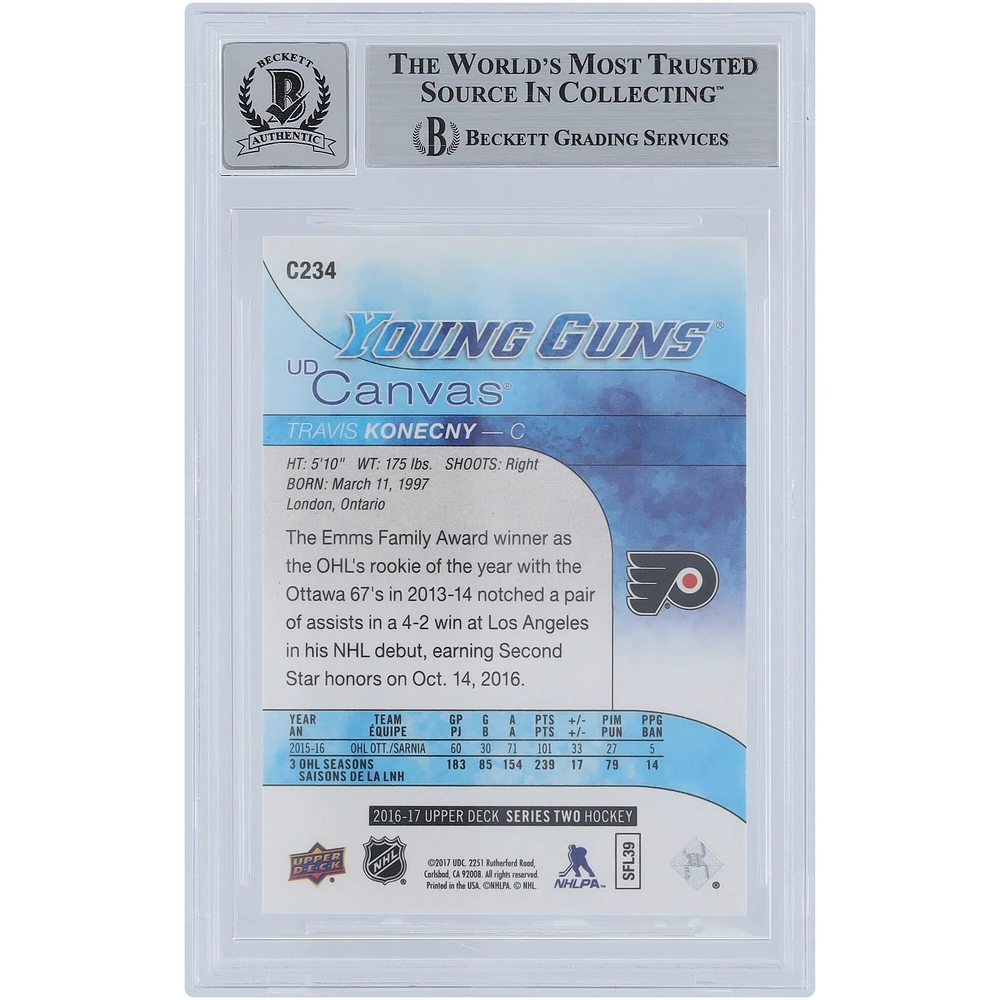Carte de recrue 9/10 autographiée par Travis Konecny ​​des Flyers de Philadelphie, Upper Deck Series 2 Young Guns 2016-17, #C234, Beckett Fanatics, témoin