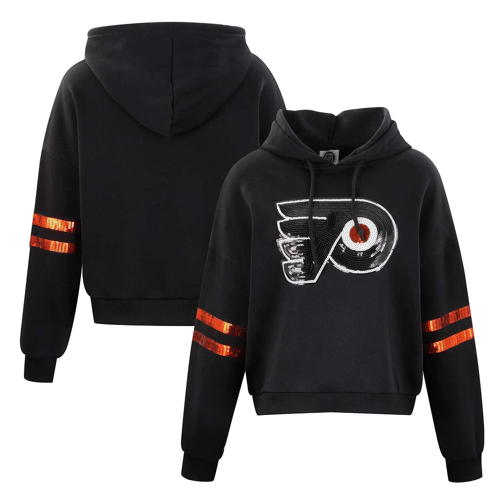 Women's Cuce Black Philadelphia Flyers Sequin Cropped Pullover Hoodie