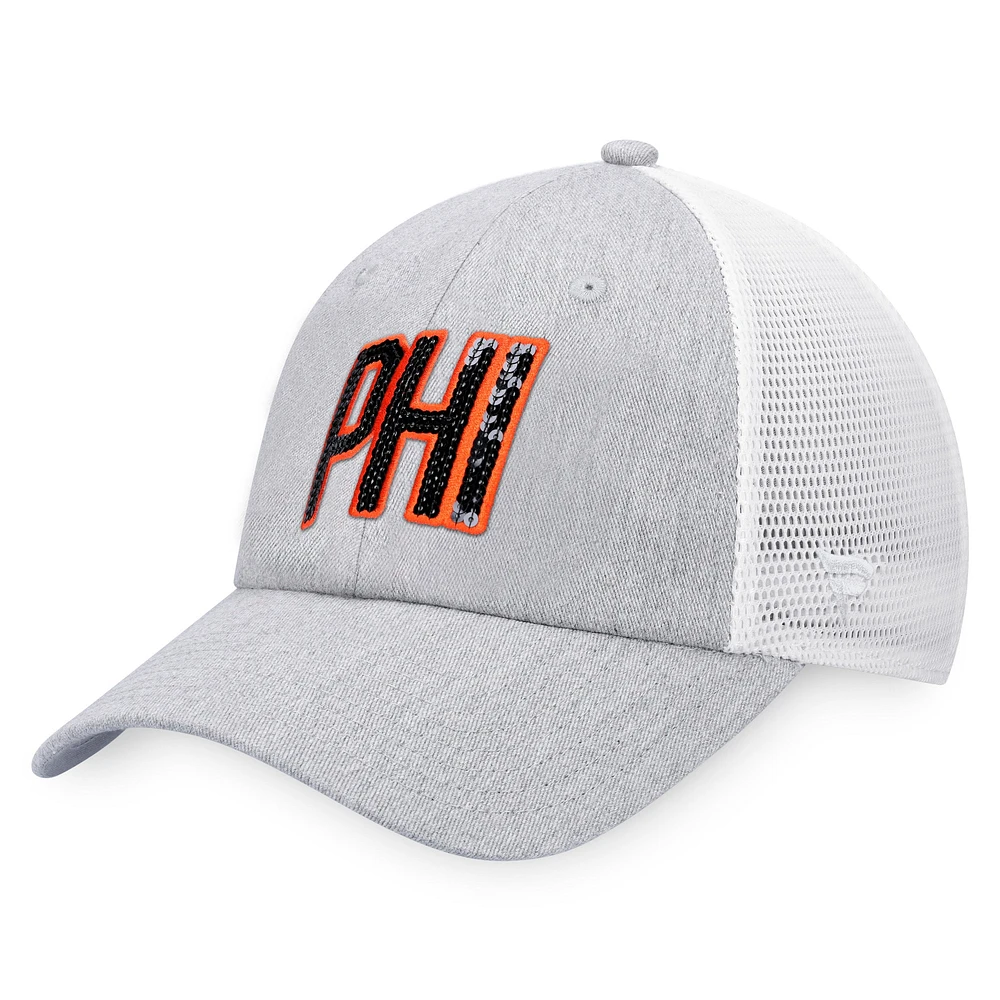 Women's  Fanatics Heather Gray/White Philadelphia Flyers Iconic Glimmer Trucker Snapback Hat