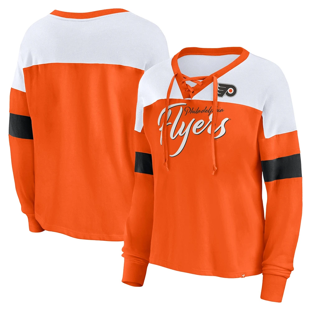 T-shirt à manches longues et col en V lacets pour femmes Fanatics Orange Philadelphia Flyers Take the Shot