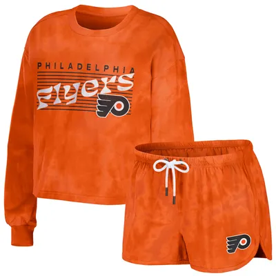 Philadelphia Flyers WEAR by Erin Andrews Women's Tie-Dye Cropped Pullover Sweatshirt & Shorts Lounge Set - Orange