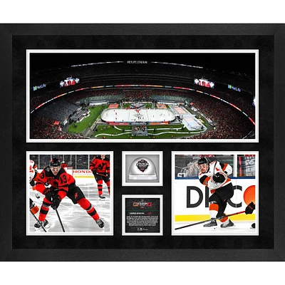 Collage de 3 photographies encadrées de la série 2024 NHL Stadium Series 20'' x 24'' des Flyers de Philadelphie contre les Devils du New Jersey avec de la glace utilisée lors du match - Édition limitée à 500 exemplaires